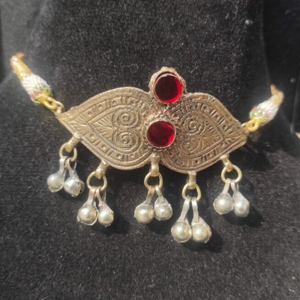 Afghan Kuchi Choker Necklace: Vintage Tribal Bells, Red Glass Stones
